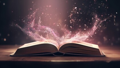 Open book releases magical particles on a table, creating a mystical atmosphere