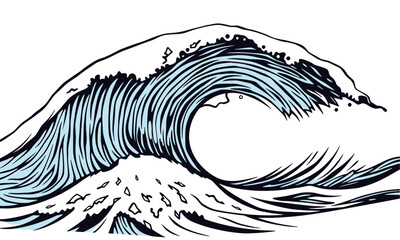 stylized illustration of large ocean wave, featuring intricate line work and blend of blue and white colors. wave captures dynamic movement of water, evoking sense of energy and nature beauty