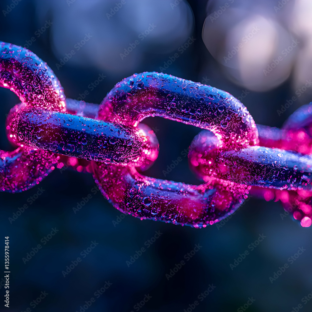 Poster a close-up of a chain glows with pink and blue light. water droplets cling to the links creating a s