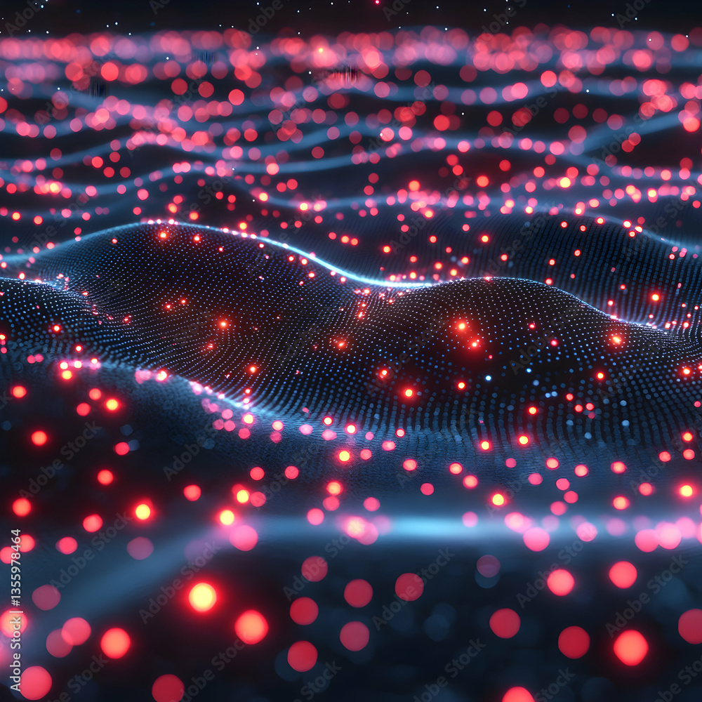 Poster an abstract digital landscape with flowing lines of data points and glowing red nodes perfect for pr
