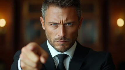 Intense businessman stares directly at the viewer with a pointed finger