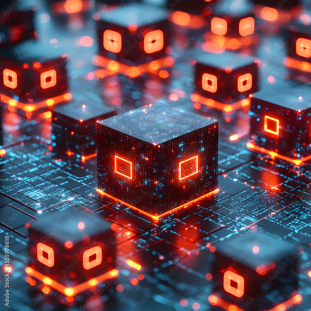 Poster this image depicts a futuristic network of glowing cubes on a circuit board. it could be used for da