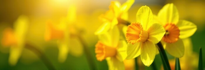 Obraz premium Bright yellow daffodils blooming in spring sunlight with copy space
