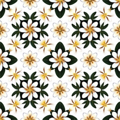 A seamless pattern of jasmine having white petals with a yellow center flowers in circular pattern on white background. 