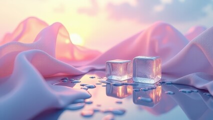 Stack of melting ice cubes on reflective surface with soft pink fabric	