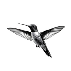 A black and white illustration of a hummingbird in flight, isolated on a transparent background. Elegant and detailed, perfect for nature or wildlife designs.