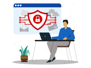 A man using laptop to protecting his personal data with shield on encryption. Cyber security, confidential data protection and online cyber data secure.