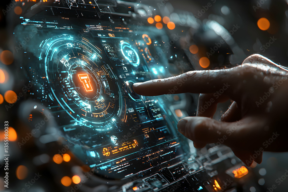 Poster a futuristic touch screen interface with a glowing ui element being interacted with by a finger. sug