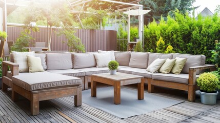 Fototapeta premium Rustic Outdoor Patio Furniture with Lush Greenery