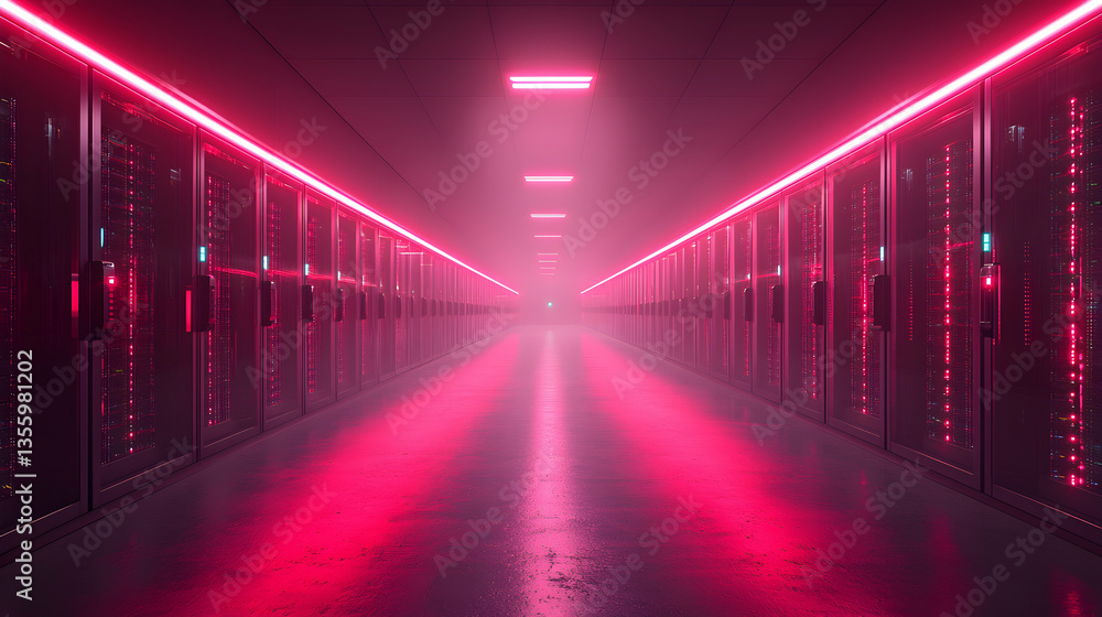 Poster a futuristic server room bathed in red neon lighting creating a sci-fi or cyberpunk aesthetic. sugge