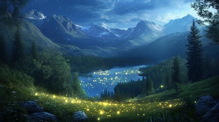 A scenic landscape showcasing a lake surrounded by mountains and trees