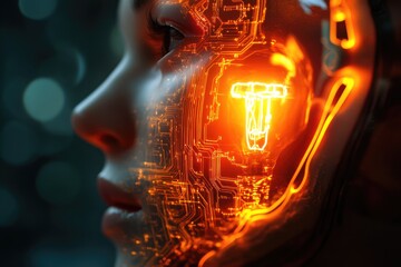 A futuristic depiction of a human face overlaid with glowing circuit board patterns, symbolizing technological integration with humanity.