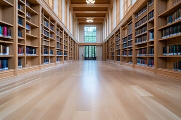 Obraz premium Spacious library interior with wooden bookshelves