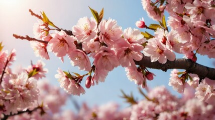 Pink cherry blossom flowers on a sunny day.
Beautiful spring scene with blooming sakura on a branch.
Japanese cherry trees in full bloom