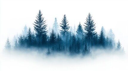 Misty Blue Forest Landscape  Silhouette of Pine Trees in Winter Fog