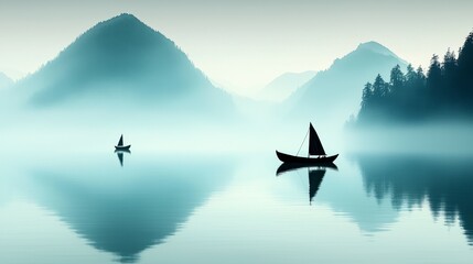 Misty Mountains and Tranquil Lake with Small Boats