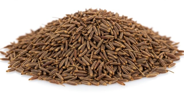 A pile of brown cumin seeds on a white background.