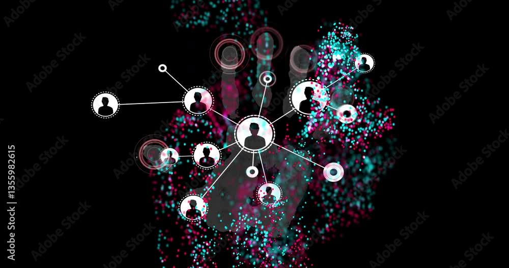 Poster digital handprint background with network connections and data processing animation