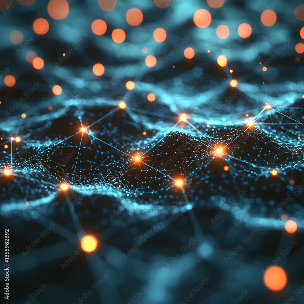 Poster abstract digital art with glowing nodes and connected lines suggestive of a network. this image coul