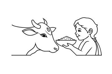 Child Feeding Cow, Line Art, Bowl of Food, Animal Care, Hindu Culture, Sacred Cow, Black and White I