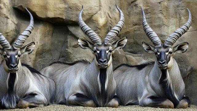 Three majestic kudu resting on rocky terrain in a wildlife setting during the afternoon sun