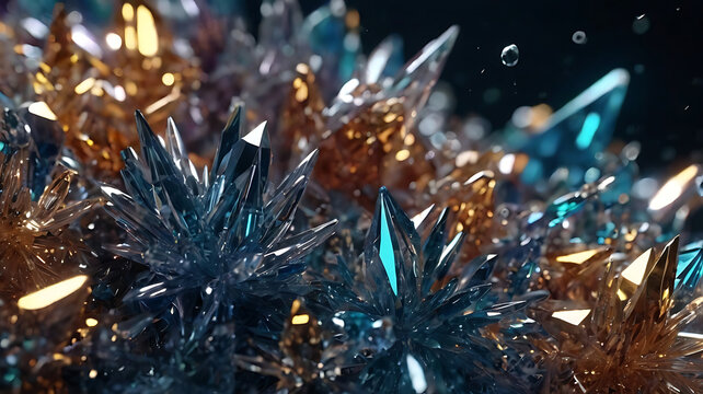Shiny Blue and Orange 3D Rendering Crystals: Abstract Gemstones & Geometric Art