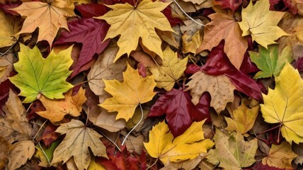 Fototapeta premium A pile of autumn leaves in red, orange, and yellow colors on a white background. A mix of fall leaves scattered in a heap.