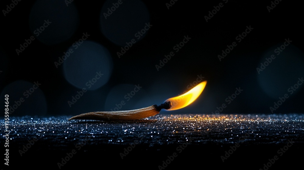 Poster lit matchstick on dark background with bokeh.