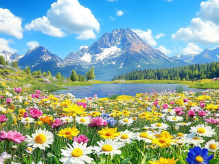 Fototapeta premium Peaceful postcard: blooming flowers in a picturesque natural setting.