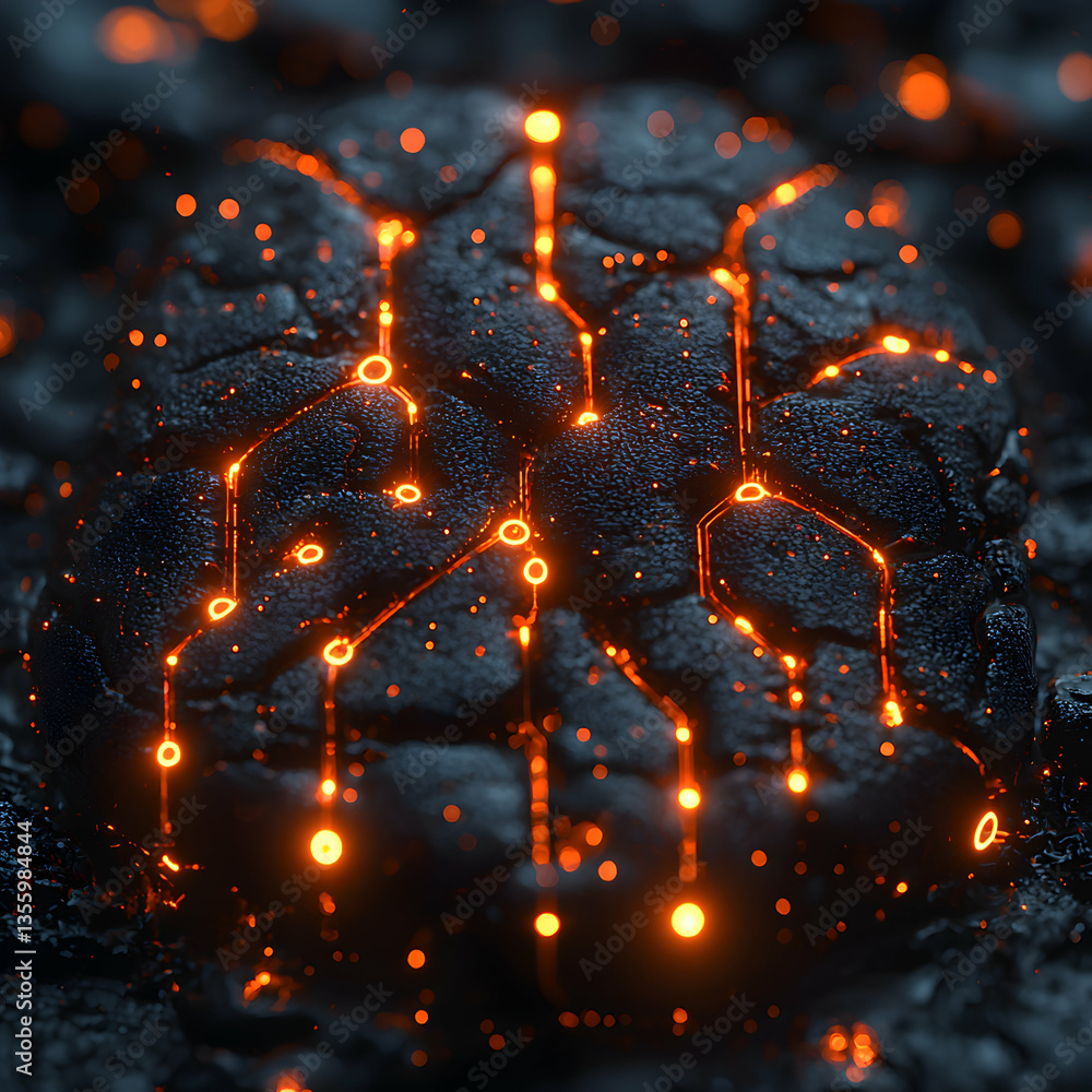 Poster a glowing brain structure with circuits symbolizes advanced artificial intelligence. suggests innova