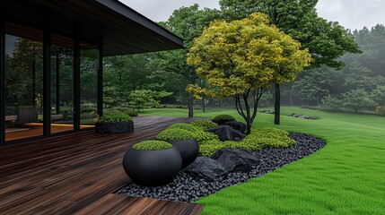 Modern House with Dark Wood Deck and Landscaped Garden on a Rainy Day