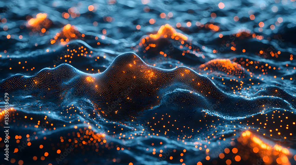 Poster abstract digital landscape with illuminated particles and glowing highlights evoking data visualizat