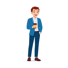 Happy Businessman in Suit Holding Coffee Cup Standing and Smiling in Full Length View