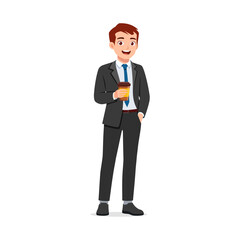 Businessman in suit smiling while holding coffee cup in hand, standing isolated, cartoon style
