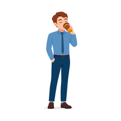 Man Drinking Coffee with Hand in Pocket Isolated on White Background Full Body Illustration