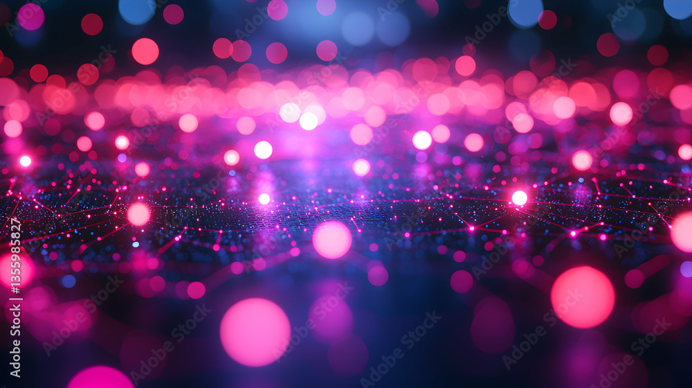 Poster a vibrant abstract illustration featuring interconnected glowing orbs and lines. suggests network da