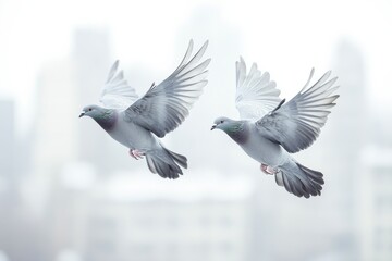 Two pigeons flying gracefully over a foggy urban landscape in winter © anjum