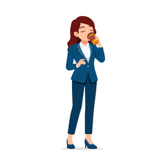 Businesswoman in suit drinking coffee from a paper cup with closed eyes