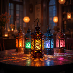 Fototapeta premium glowing lanterns, and warm golden ambiance, eid mubarak,ramadan mubarak
