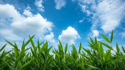 Obraz premium Lush green plants under a vibrant blue sky with fluffy white clouds.