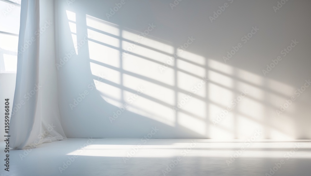 Poster abstract white studio backdrop for product showcase. wall featuring shadows from a window. present p