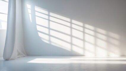 Fototapeta premium Abstract white studio backdrop for product showcase. Wall featuring shadows from a window. Present product with a blurred background.