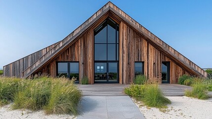 Fototapeta premium Modern Wooden House with Triangular Roof and Large Windows
