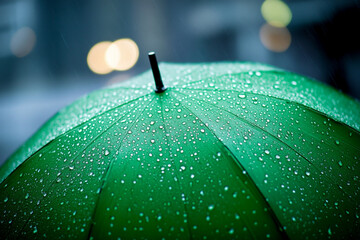 There is a green umbrella that is sitting in the rain