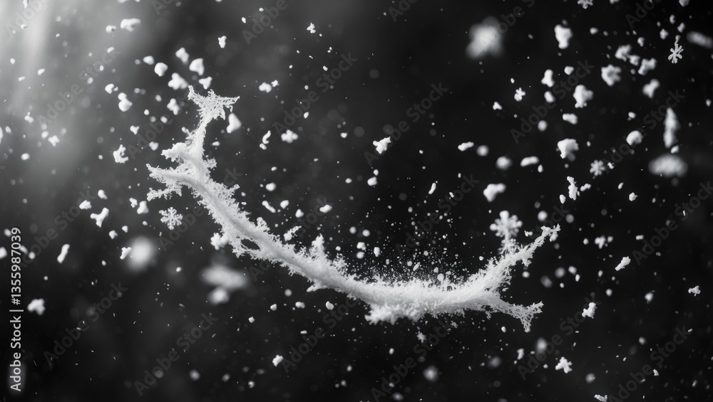 Poster abstract splashes of rain and snow with frozen motion of white particles on a dark background