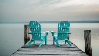 Adirondack Chairs positioned at the end of a pier with a view of a large lake beneath the sky.