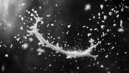 Abstract splashes of rain and snow with frozen motion of white particles on a dark background