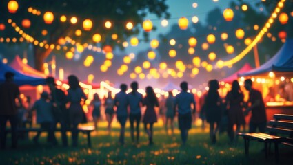 Abstract blurred individuals at an outdoor festival in a park with a bokeh background.