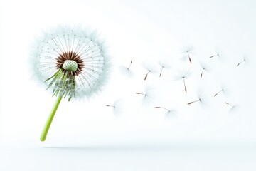 Dandelion seeds drifting away in a gentle breeze on a clear day