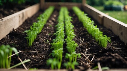 Accurate raised garden bed featuring straight rows of recently sprouted small carrot greens, mulched with grass clippings.